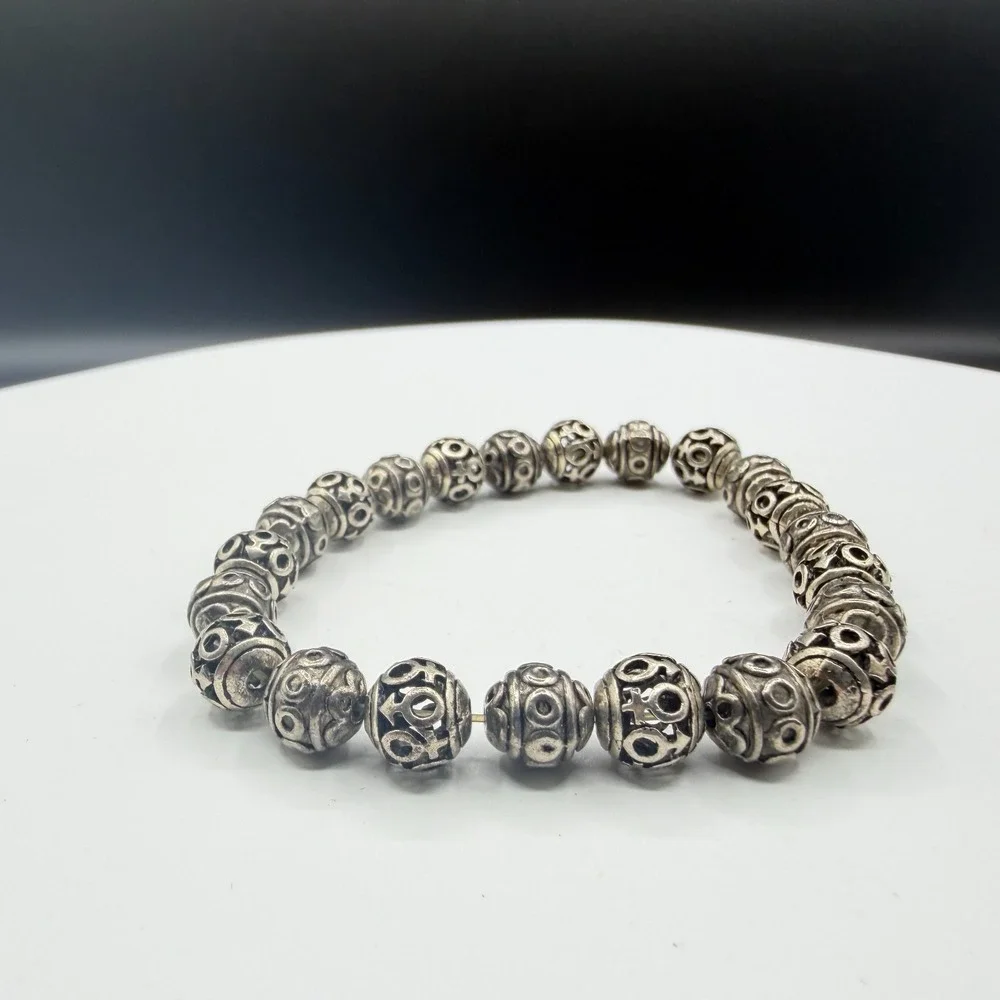 Silver Tone Ornate Beaded Stretch Bracelet Boho Statement Stackable Gift Fashion